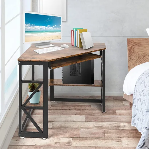 Vista 2 de LUCKYERMORE Escritorio esquinero para espacio pequeño, escritorio triangular para computadora con bandeja para teclado y estantes de almacenamiento