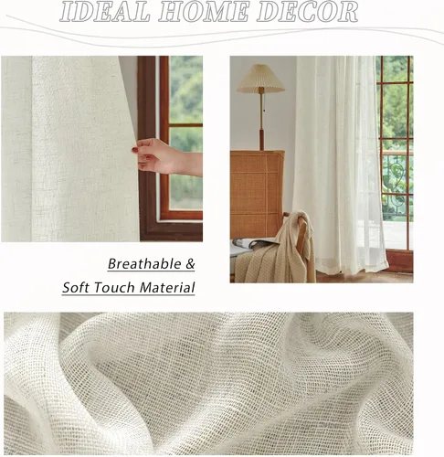 Vista 5 de 2 paneles de cortinas de lino transparente natural de 45 pulgadas, color beige para ventanas pequeñas, bolsillo con pestaña trasera, cortinas cortas