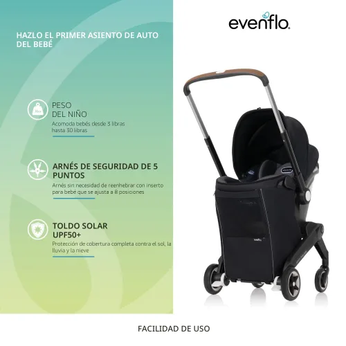 Vista 5 de Evenflo Shyft DualRide Combo de Asiento de Coche Infantil y Cochecito con Almacenamiento Carryall (Gris Boone)