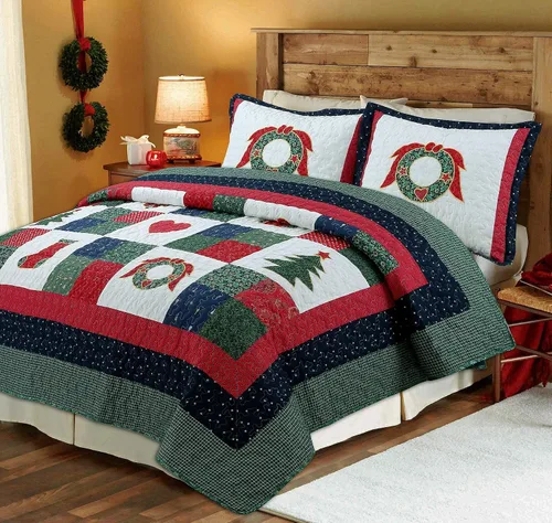 Vista 10 de Cozy Line Home Fashions Juego de ropa de cama reversible con diseño de retazos de Navidad, color azul marino, silencioso, cielo estrellado, cabaña