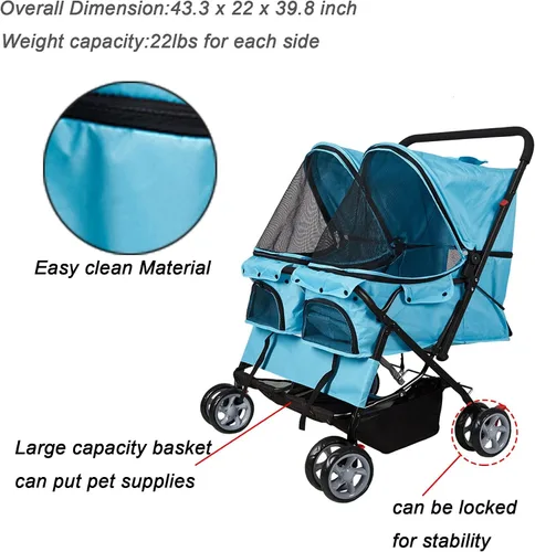 Vista 2 de Cochecito de mascotas plegable doble perro gato carro de viaje, varios colores azul