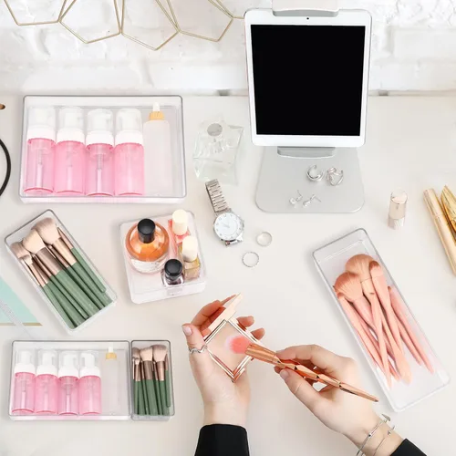 Vista 6 de Teenyyou - Organizador de cajones apilables de 4 tamaños, bandejas de acrílico para almacenamiento de cosméticos, joyas, suministros de oficina