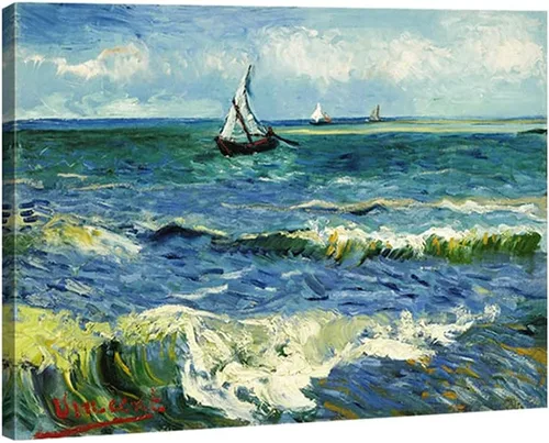 Vista 13 de Wieco Art Arte enmarcado negro paisaje marino en Saintes Maries por Vincent Van Gogh pinturas al óleo Reproducción modernas impresiones en lienzo