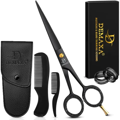 Vista 8 de Tijeras profesionales para bigote de punta roma 4.2 prémium para hombres con pinzas inclinadas, 1 peine para bigote, 1 peine y bolsa para barba