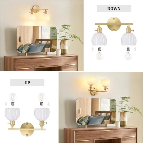 Vista 37 de Shenmoyl Lámparas de baño, lámpara de pared de 2 luces para tocador sobre espejo con pantalla de vidrio tulipán blanco para dormitorio, sala