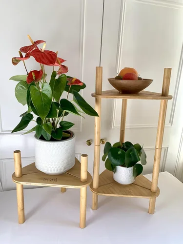 Vista 6 de Soporte ajustable para macetas de interior – Madera de bambú, altura y ancho ajustable (no necesita herramientas), se adapta a macetas pequeñas