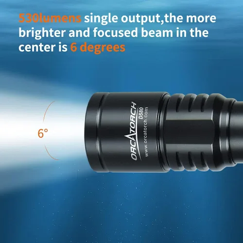 Vista 2 de ORCATORCH Luz de buceo D580, linterna subacuática máxima de 530 lúmenes con haz estrecho de 6 grados, interruptor giratorio impermeable IP68
