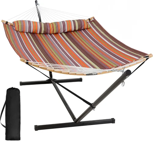 Vista 13 de SUNCREAT Hamaca doble con soporte incluido, hamaca portátil con soporte y almohada grande, rayas azules Rayas A-blue