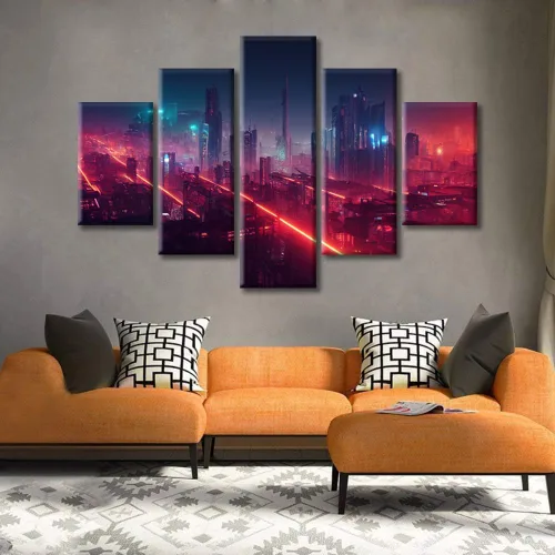 Vista 286 de Cuadros de 5 paneles de Cyberpunk City, arte de pared, representación de vallas publicitarias, edificios modernos en la capital con obras de arte