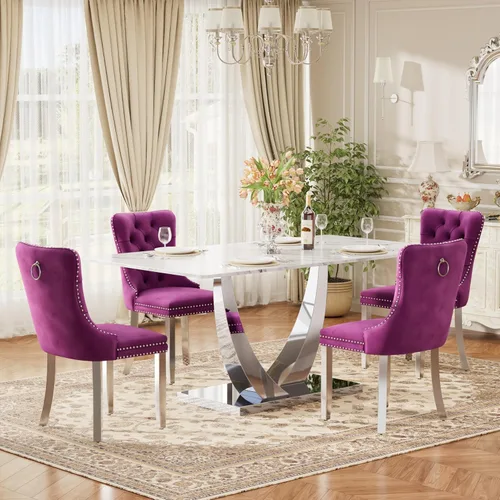 Vista 52 de Juego de mesa de comedor de cristal moderno de mediados de siglo para 4, 63 pulgadas, juego de comedor rectangular grande de lujo con parte superior