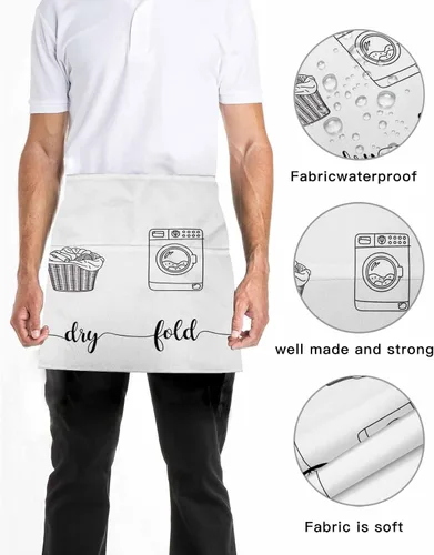 Vista 5 de Laundry Room Server Aprons with 3 Pockets, Cartoon Wash Dry Fold Repeat Simple Lines Art Waitress Waist Apron for Women Men Waterproof Half Aprons