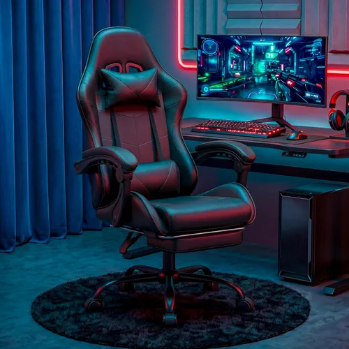 Vista 9 de Silla de juego, reposapiés ergonómico, lumbar y reposacabezas Negro