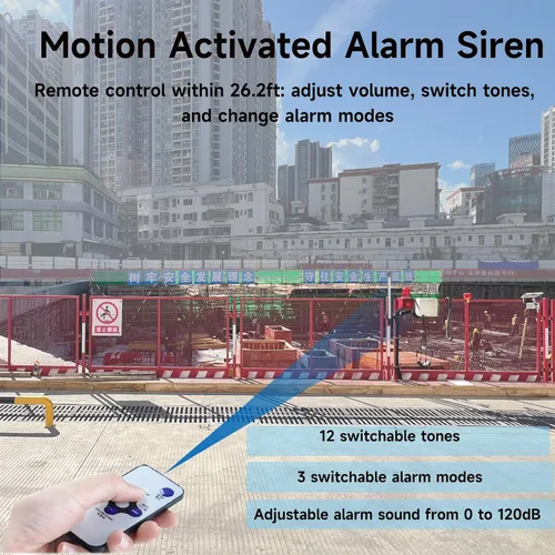 Vista 6 de Sensor de Movimiento Alarma 120dB Bocina Tonos de Volumen Ajustable Impermeable LED Luz Estroboscópica Sirenas Detector de Movimiento Sistema