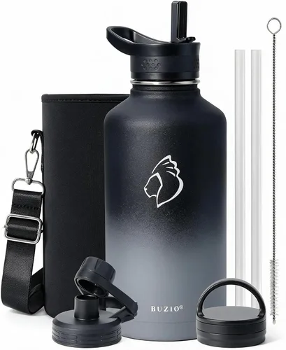 Vista 44 de BUZIO Botella de agua de 32 onzas aislada con popote y 3 tapas y bolsa de transporte, a prueba de fugas, frasco jarra de agua de acero inoxidable