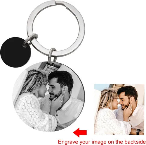Vista 3 de Llavero de acero inoxidable con foto grabada personalizada con fecha con amor U a la luna y espalda
