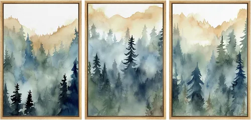 Vista 19 de MUDECOR Lienzo enmarcado para pared, juego de arte de acuarela pastel, bosque de pinos, naturaleza silvestre, ilustraciones modernas, decorativas