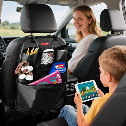 Vista 5 de Rubbermaid Organizador de coche para asiento trasero, alfombrillas y protector de respaldo de asiento, organizador de automóvil para niños con 6