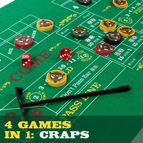 Vista 5 de Brybelly Casino Night - Juego completo 4 en 1 con fieltros, rueda, 100 fichas, dados y cartas para blackjack, craps, ruleta y Texas Hold'em - Tapete