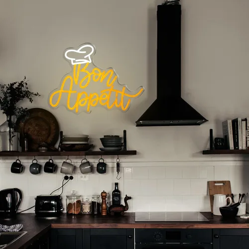 Vista 6 de Bon Appetit - Letrero LED con sombrero de chef, letras doradas, luces de neón para restaurante, estilo francés, neón regulable, LED, "16.5 x 12.6