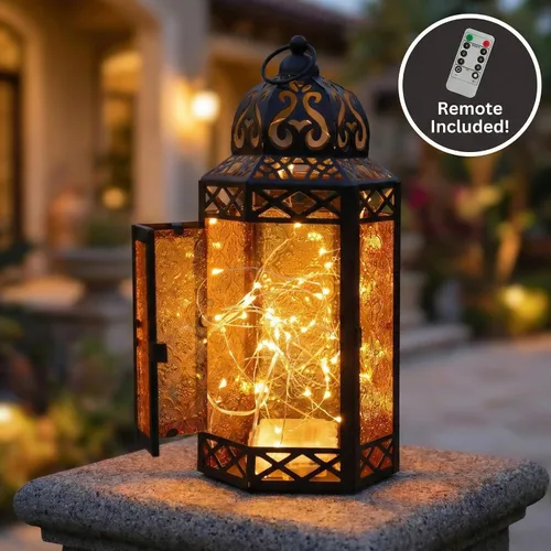 Vista 7 de VELA LANTERNS Juego de 2 portavelas decorativos de LED con luces de hadas de 12" de metal marroquí para colgar o mesa, decoración del hogar