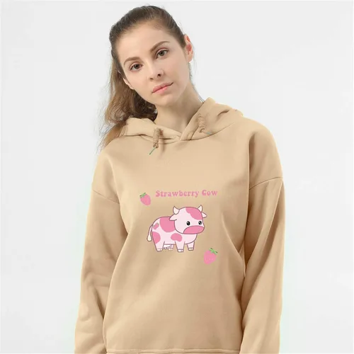 Vista 2 de Sudadera Kawaii para mujer, con estampado de vaca y fresa, manga larga, estética, mullida, sudadera con capucha