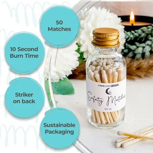 Vista 2 de Moonlight Makers Fancy Matches in Jar - 50 fósforos de seguridad de madera, tarro decorativo de vidrio con golpeador, soporte reutilizable, tapa