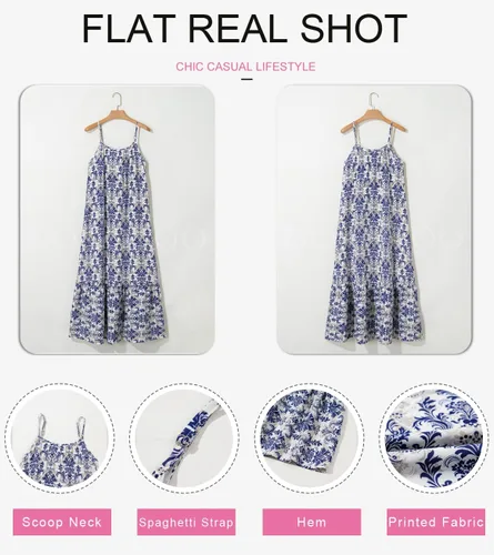 Vista 5 de Dokotoo - Vestidos de verano para mujer con tirantes delgados, cuello redondo, fruncido y volantes, vestido largo bohemio