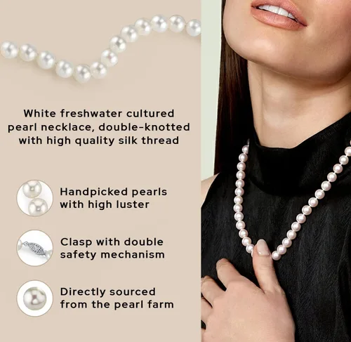 Vista 6 de The Pearl Source Akoya - Collar de perlas japonesas blancas para mujer, collar de perlas de oro de 14 quilates, collar de perlas de 18 pulgadas