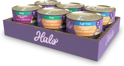 Vista 8 de Halo Paquete variado de comida húmeda para gatos, tres patés húmedos enlatados para gatos, pollo, pavo y pescado blanco, lata de 5.5 onzas