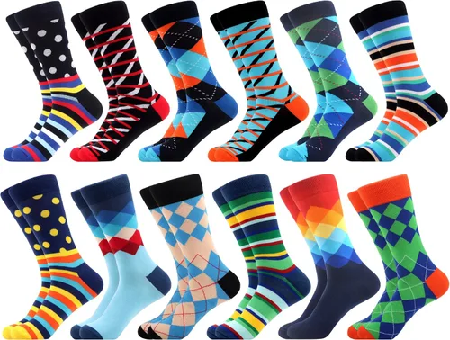 Vista 9 de WeciBor - 12 pares de calcetines de algodón peinado para hombre con diseños divertidos y locos, tamaño 7-10/10-13/13-15 Negro/Azul/Verde/Multicolor
