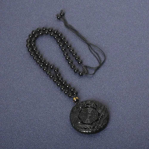 Vista 4 de Collar de obsidiana negra con dije de protección de amuleto de la suerte con cadena de cuentas extendida, piedra de cristal curativa, collares