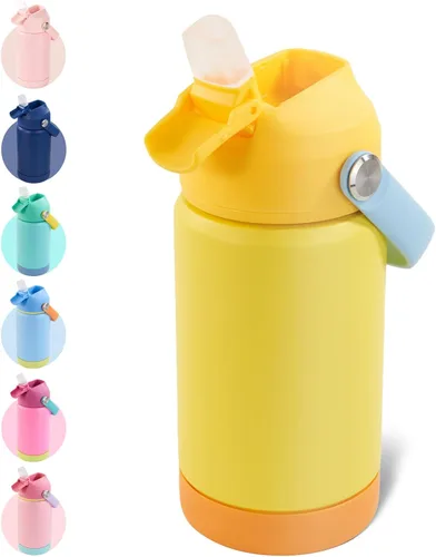 Vista 19 de Kerilyn - Botella de agua para niños, de acero inoxidable, con pajilla a prueba de fugas, con aislamiento térmico, libre de bisfenol A, unisex