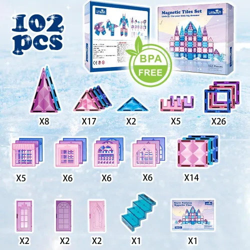 Vista 6 de Little Pi 102 piezas de bloques de construcción con azulejos magnéticos de castillo de princesa congelada - Bloques de diamante 3D, juguetes