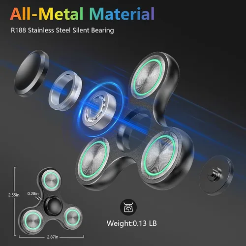 Vista 3 de Juguete giratorio para ansiedad brillante, silencioso de metal, duradero, con luz, 3-8 minutos de tiempo de giros, EDC, TDAH, estrés, ansiedad
