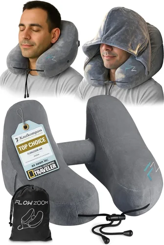 Vista 11 de FLOWZOOM Almohada inflable para el cuello para viajar en avión, almohada de avión con capucha en forma de H con 5 modos de repetición, inflado Negro