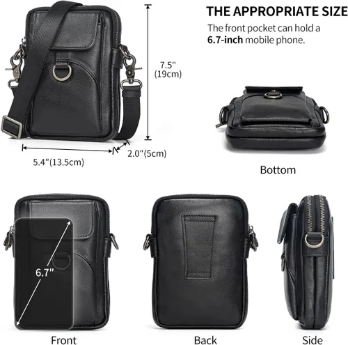 Vista 5 de Augus Bolso bandolera pequeño de cuero genuino para teléfono celular, bolso de hombro para uso diario para mujeres y hombres