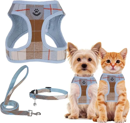 Vista 26 de PUPTECK - Arnés, collar y correa ajustables, sin tirones, para perros pequeños y medianos, cachorros y gatos, pechera reflectante acolchada de malla