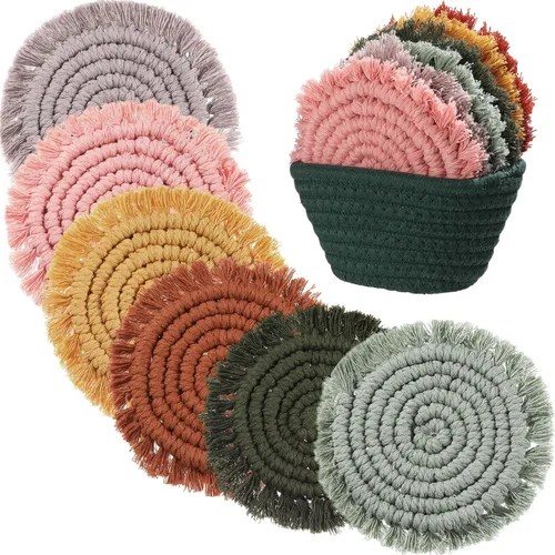 Vista 12 de Juego de 6 posavasos de algodón tejido bohemio absorbente con soporte para casa de campo, borla de macramé, regalo de inauguración de la casa