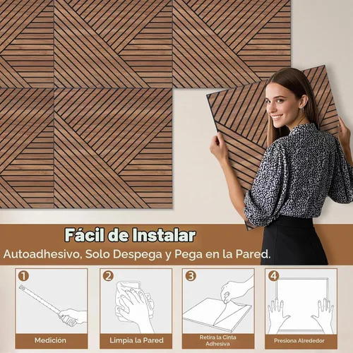 Vista 5 de Paneles de pared acústicos 3D autoadhesivos para despegar y pegar, paquete de 8 paneles insonorizados con patrón de madera autoadhesivos de 23.6 x