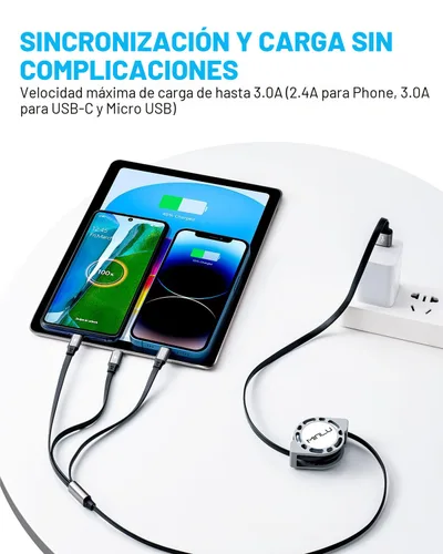 Vista 2 de Cable de carga múltiple 3A, [2 unidades de 4 pies] cable de carga múltiple retráctil 3 en 1, cable de carga rápida, adaptador de cargador USB C