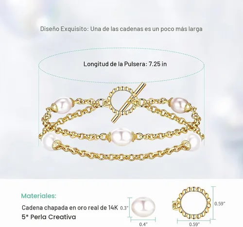 Vista 2 de Pulsera de perlas de oro para mujer, chapado en oro de 14 quilates, pulsera de perlas delicadas de doble capa, elegante regalo de joyería apilable