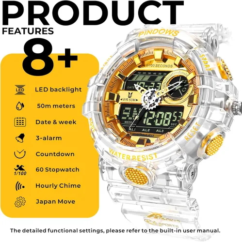 Vista 6 de Relojes PINDOWS para hombre, transparente dorado, analógico digital, doble hora, 50M resistente al agua, retroiluminación LED, multifuncional