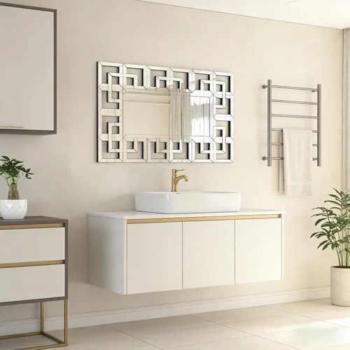 Vista 6 de Espejo de plata griego montado en la pared: marco de cristal biselado 40x28 pulgadas Decoración decorativa de pared con espejo para el hogar