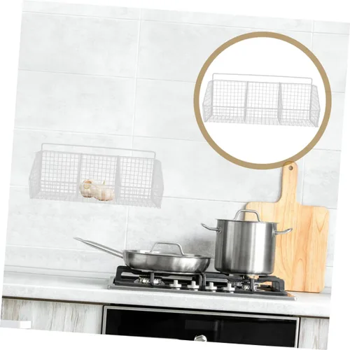 Vista 8 de 2 cestas de almacenamiento de cocina de montaje en pared, organizador colgante de acero al carbono con estructura de malla para frescura y ahorro