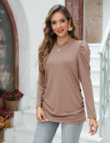Vista 5 de Camisas de maternidad para mujer, cuello cuadrado, manga larga abombada, linda, casual, blusas, ropa de otoño Albaricoque