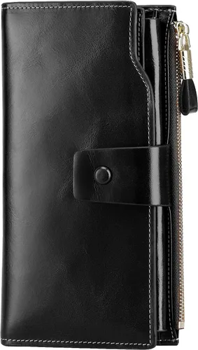 Vista 17 de Cartera plegable de cuero de gran capacidad con bloqueo RFID para mujer