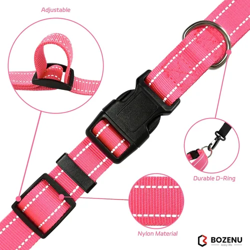 Vista 4 de Collar para perro con hebilla, de nailon transpirable, reflectante, ajustable, para perros pequeños, medianos y grandes, color rosa intenso, grande