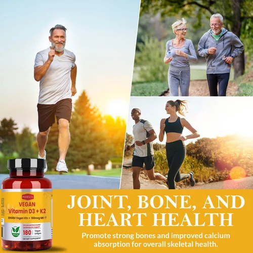 Vista 6 de FAMILI+ 180 Días de Vitamina Vegana D3+K2 en Cápsulas Blandas con Aceite de MCT de Coco 2000UI de Vitamina D3 de Fuente Vegetal + 100 mcg