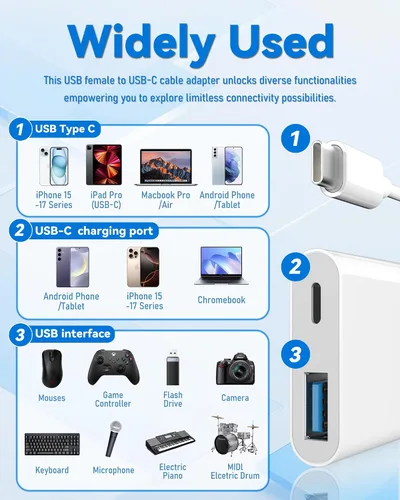 Vista 3 de Adaptador de cámara USB C a USB con puerto de carga PD de 30 W Cable OTG, compatible con iPhone 17/16/15 iPad Android, USB 3.0 hembra