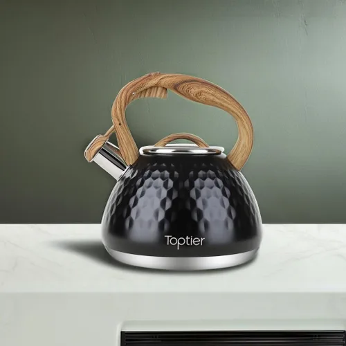 Vista 5 de Tetera, Tetera Silbadora Toptier con Mango de Patrón de Madera Silbato Fuerte, Tetera de Acero Inoxidable Grado Alimenticio para Estufas de Negro